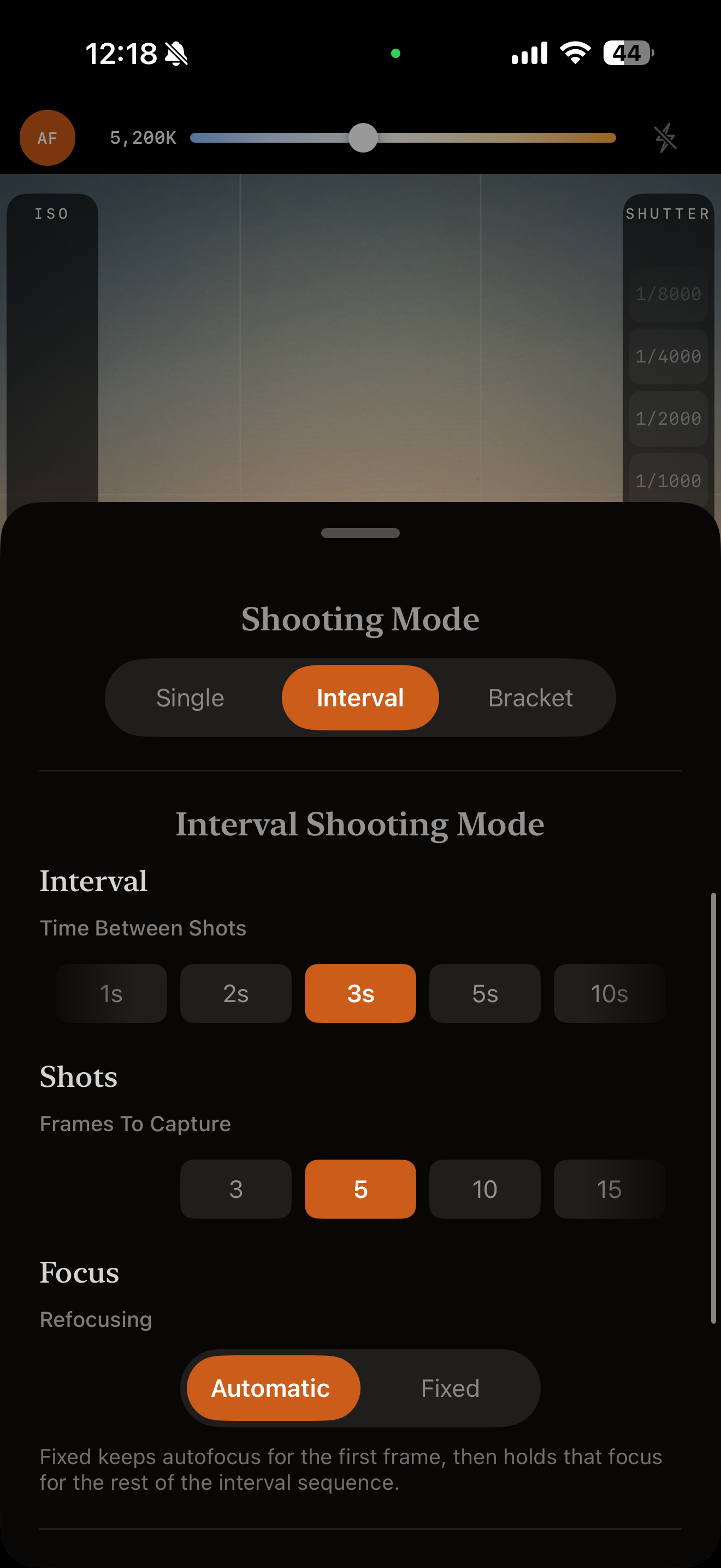 Calotype interval shooting mode panel